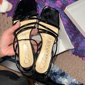 Calvin Klein Black Patent Strappy Block Heel Sandals